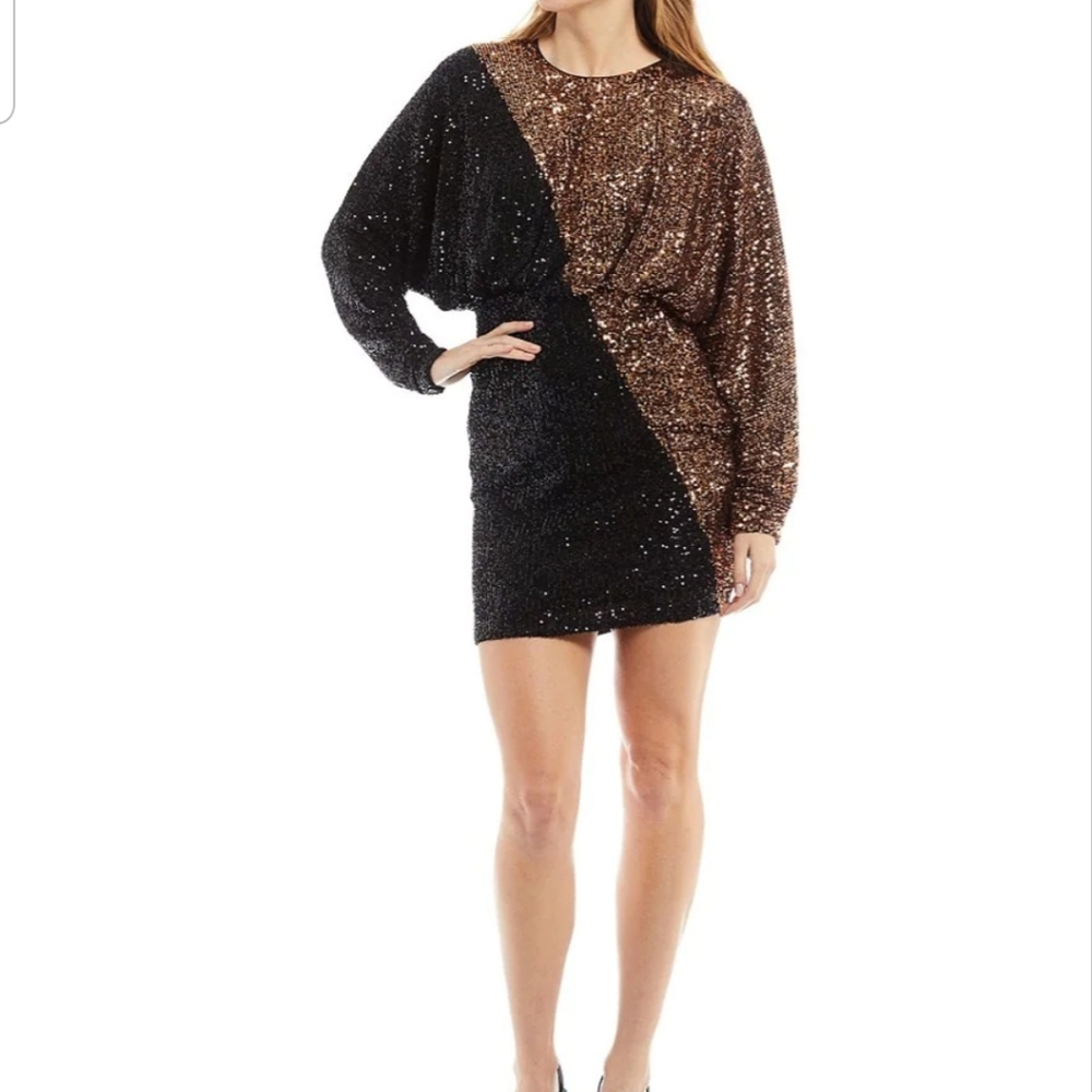 Badgley Mischka Hayes Combo Sequin Color Block Crew Neck  Long Sleeve Dress